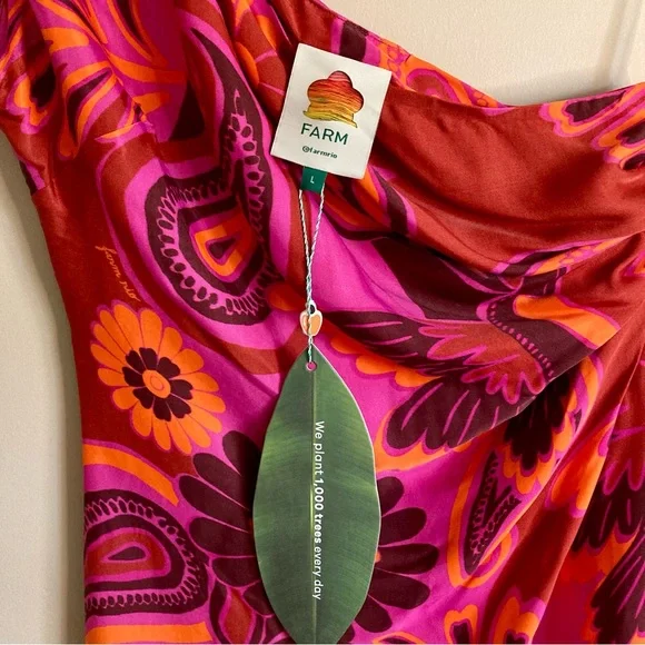 NEW FARM Rio Bold Floral Pink Midi Dress One Shoulder Cut-Out Beaded Tie Size L - Picture 15 of 16